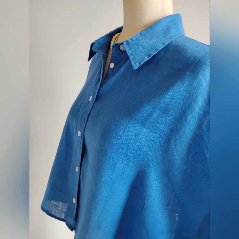 H&M Linen Oversized Swing Style Button Down Shirt Royal Blue Minimalist Size Med - Picture 7 of 14